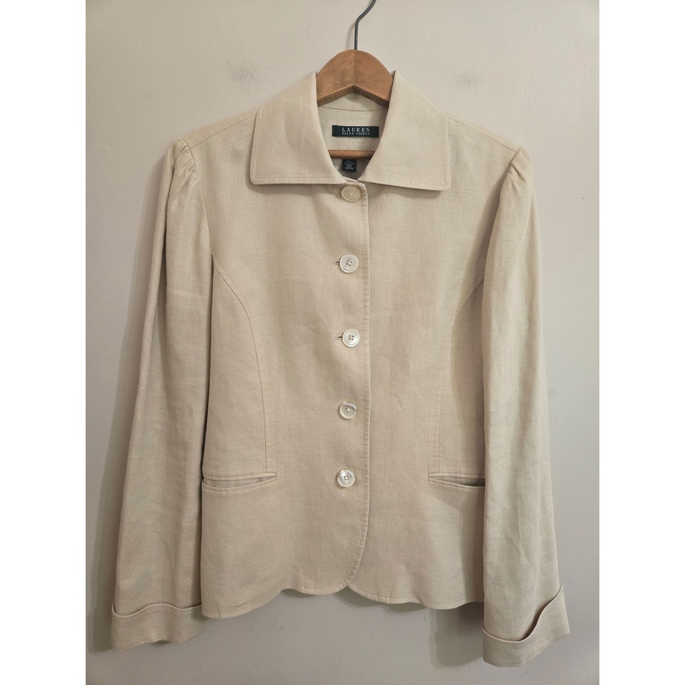 Lauren Ralph Lauren Beige 100% Linen Button Front Blazer Jacket Womens 12 NWOT